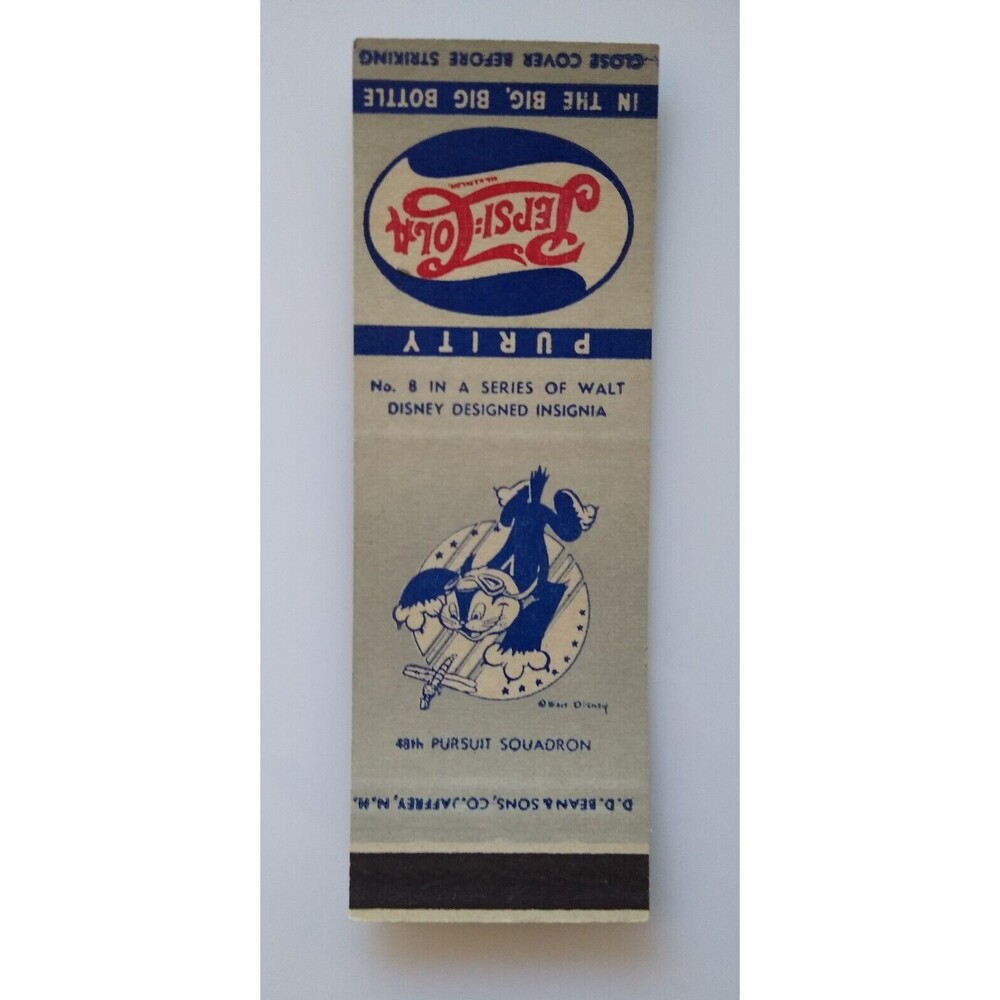 Pepsi Cola Matchbook Cover Walt Disney No 8 Cat Pilot Chases Plane Squad 1940s